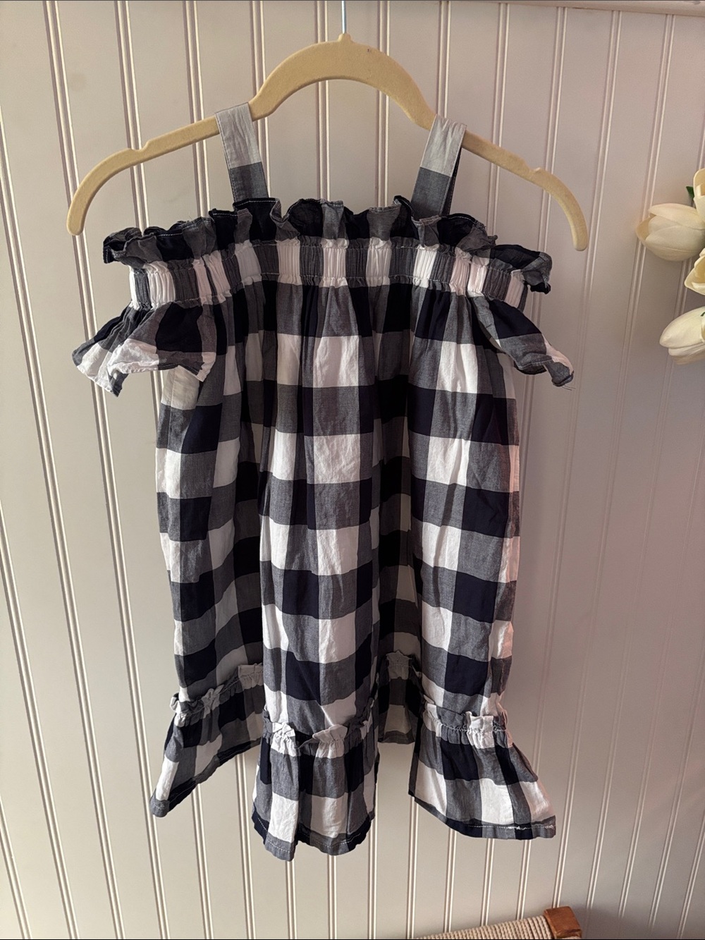 Janie and Jack Navy and White Gingham Off-Shoulder Ruffle 100% Cotton Dress
